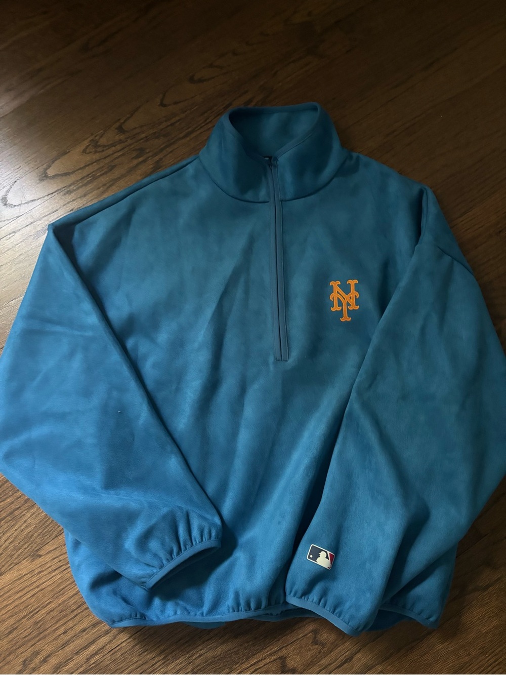 Essentials Fear of God Blue Quarter-Zip Bomber Pullover with Orange NY Logo
